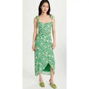 Wayf Size Large Green Floral Faux Wrap Dress With Tie Shoulders